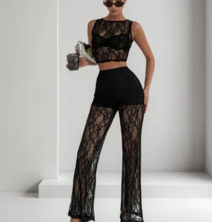 Conjunto de encaje Top Crop Pantalon Acampanado