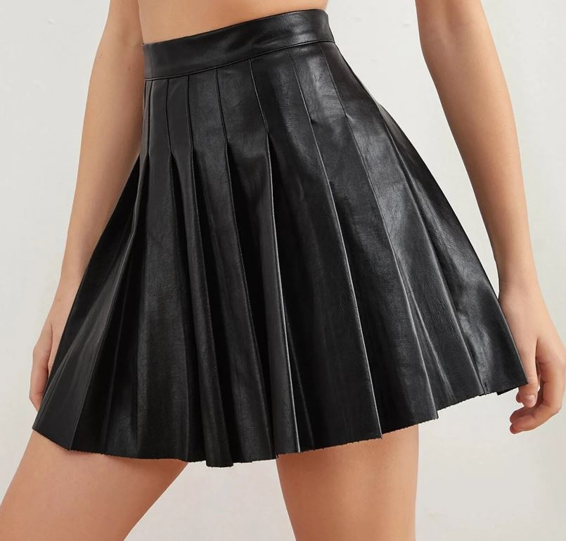 Falda Mujer Plisada Tipo Cuero Negra